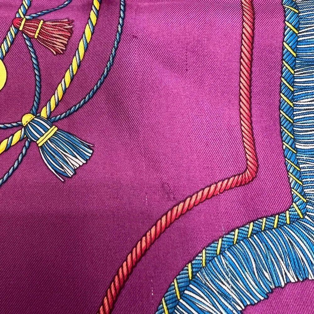 Vgt Celine Paris 100% Silk Scarf Satin 32" purple blue olive red twine tassel(44 - Picture 14 of 15